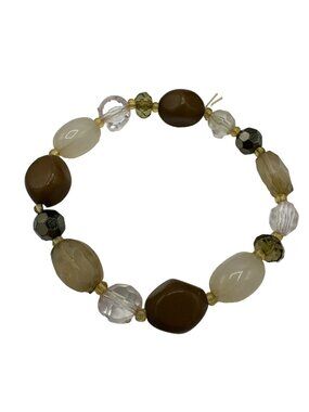 Beaded Bracelet Stretch Faceted Bead Brown Cream Costume Jewelry Boho Earth Tone